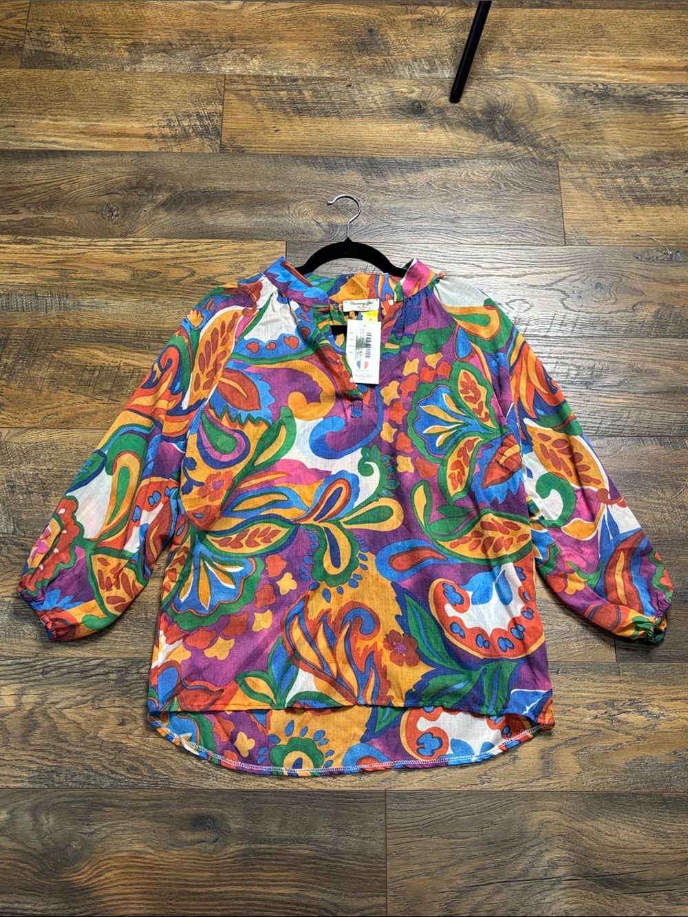 Bold Multicolor Paisley Button-Neck Blouse - Pink/Orange/Green